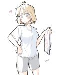  1girl ? ahoge alternate_costume bandaid bandaid_on_face brown_eyes casual commentary_request cowboy_shot hand_on_own_hip highres holding kantai_collection light_brown_hair looking_at_viewer oboro_(kancolle) shirt short_hair shorts simple_background solo t-shirt tatahai towel white_background white_shirt white_shorts 