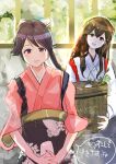  2girls akagi_(kancolle) basket black_hair black_hakama brown_eyes brown_hair commentary_request cowboy_shot floral_print hakama houshou_(kancolle) imaiko japanese_clothes kantai_collection kimono multiple_girls pink_kimono ponytail tasuki translation_request upper_body 