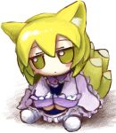  1girl animal_ear_fluff animal_ears blonde_hair blue_tabard blush dot_mouth dress fox_ears fox_tail frilled_dress frills full_body fumo_(doll) hair_between_eyes highres jitome long_sleeves looking_at_viewer medium_hair multiple_tails no_nose own_hands_together sitting socks solo tabard tail touhou v_arms white_background white_dress white_socks yakumo_ran yakumora_n yellow_eyes 