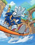  1boy 1girl 1other alkaline_azel artist_name blue_sky brown_eyes chao_(sonic) cheese_(sonic) clouds cream_the_rabbit dress gloves green_eyes green_hill_zone highres open_mouth orange_dress outdoors shoes sky sonic_(series) sonic_the_hedgehog tracy_yardley water waterfall watermark white_gloves 