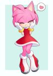  1girl amy_rose border closed_eyes dress gloves headband heart red_dress red_headband shoes simple_background solo sonic_(series) speech_bubble uno_usaya white_border white_gloves 