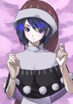  1girl :3 absurdres blue_eyes blue_hair capelet commentary_request doremy_sweet fingernails grey_sweater hair_behind_ear hair_between_eyes hands_up hat highres light_blush light_smile long_hair looking_at_viewer narrow_waist nightcap pom_pom_(clothes) sawa_(thinking_nt) sharp_fingernails solo sweater swept_bangs touhou upper_body 