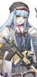  1girl absurdres arm_up assault_rifle black_gloves black_thighhighs blue_hair blue_hoodie cheogtanbyeong choker clukay_(girls&#039;_frontline_nc) collarbone commentary_request cowboy_shot cross_hair_ornament girls&#039;_frontline_neural_cloud girls_frontline gloves green_eyes grey_skirt gun h&amp;k_hk416 hair_ornament highres hk416_(girls&#039;_frontline) holding holding_gun holding_weapon hood hoodie jacket korean_commentary light_blush long_hair looking_at_viewer open_mouth pink_choker pleated_skirt rifle sidelocks simple_background skirt solo teardrop_facial_mark thigh-highs trigger_discipline weapon white_background white_jacket zettai_ryouiki 