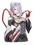  1girl animification apex_legends artist_name black_pants blood_moon_catalyst breasts cable catalyst_(apex_legends) clothing_cutout colored_tips eyeshadow fukuro_0a0 gloves grey_eyes grey_hair hand_on_own_hip highres looking_at_viewer makeup multicolored_hair official_alternate_costume pants red_eyeshadow red_gloves redhead robe shoulder_cutout sleeves_past_wrists small_breasts solo white_robe wide_sleeves 