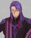  1boy alternate_hairstyle duryodhana_(fate) earrings facial_hair fate/grand_order fate_(series) goatee grey_background highres indian_clothes jewelry long_hair looking_at_viewer lv1na_ura male_focus mature_male purple_hair sash shoulder_sash simple_background single_earring smile translation_request upper_body violet_eyes 