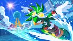  1girl 2boys blue_sky gloves goggles goggles_on_head jet_the_hawk multiple_boys outdoors shoes sky sonic_(series) sonic_riders sonicofficialjp storm_the_albatross water watermark wave_the_swallow white_gloves 