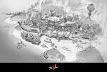  aircraft blade_&amp;_soul_2 concept_art copyright_name fantasy greyscale harbor hot_air_balloon kmydoodler landscape logo monochrome mountain no_humans ocean rock scenery spot_color town tree 