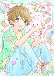  1boy absurdres aqua_eyes blue_pants blush carrot character_name denim ensemble_stars! green_background green_jacket happypuppy_guu heart highres jacket jeans light_brown_hair looking_at_viewer male_focus open_mouth pants rainbow shirt short_hair short_sleeves smile solo stuffed_animal stuffed_rabbit stuffed_toy takamine_midori white_background yellow_shirt 