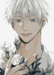  1boy blue_eyes closed_mouth colored_eyelashes commentary fingernails flower gojou_satoru highres jujutsu_kaisen male_focus shirt short_hair signature solo srnghotcake white_background white_flower white_hair white_shirt 