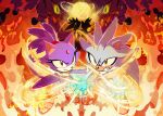  1boy 1girl 1other animal_ears blaze_the_cat cat_ears cat_tail chaos_emerald clenched_teeth eyelashes fire forehead_jewel fur-trimmed_gloves fur_trim gloves highres iblis_(sonic) miijiu purple_fur silver_the_hedgehog sonic_(series) sonic_the_hedgehog_(2006) tail teeth white_fur white_gloves yellow_eyes 