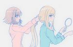  2girls adjusting_another&#039;s_hair alternate_costume alternate_hairstyle blonde_hair blush brown_hair danganronpa_(series) danganronpa_2:_goodbye_despair from_side green_shirt grey_shirt hand_mirror holding holding_mirror long_hair long_sleeves medium_hair mirror multiple_girls nanami_chiaki profile shirt sinamolol smile sonia_nevermind upper_body 