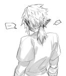  ... 1boy blush ear_blush facing_away from_behind greyscale highres link male_focus medium_hair monochrome pointy_ears ponytail shirt short_sleeves solo speech_bubble the_legend_of_zelda upper_body yourfreakyneighbourh 