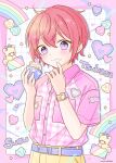  1boy absurdres belt character_name crumbs cupcake ensemble_stars! food happypuppy_guu heart highres holding holding_food long_hair male_focus multicolored_background pants pink_background pink_shirt purple_belt rainbow redhead shirt short_hair short_sleeves solo star_(symbol) stuffed_animal stuffed_toy suou_tsukasa teddy_bear violet_eyes white_background yellow_pants 