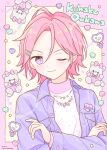  1boy blush character_name closed_mouth crossed_arms ensemble_stars! happypuppy_guu heart highres jacket jewelry long_sleeves male_focus multiple_hairpins necklace one_eye_closed oukawa_kohaku pink_background pink_hair purple_jacket shirt short_hair smile solo star_(symbol) stuffed_animal stuffed_cat stuffed_toy violet_eyes white_shirt yellow_background 