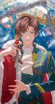  1boy artem_wing_(tears_of_themis) blood blood_on_weapon blue_eyes brown_hair cape closed_mouth green_jacket highres holding holding_sword holding_weapon jacket long_sleeves looking_at_viewer male_focus military military_uniform red_cape short_hair solo sword tears_of_themis tubayran uniform upper_body weapon 