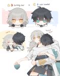  1boy 1girl :o black_gloves black_jacket black_skirt chibi chinese_clothes closed_mouth collarbone cup dan_heng_(honkai:_star_rail) earrings english_commentary english_text gloves green_eyes grey_hair hetero highres holding holding_cup honkai:_star_rail honkai_(series) hug hug_from_behind jacket jewelry long_hair makeup no_mouth open_clothes open_hands open_jacket shirt short_hair skirt smile stelle_(honkai:_star_rail) thigh_strap trailblazer_(honkai:_star_rail) twitter_username vinsallyana white_shirt yellow_eyes 