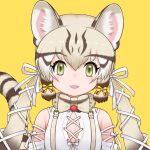  1girl animal_costume animal_ears bow bowtie cat_ears cat_girl cat_tail geoffroy&#039;s_cat_(kemono_friends) green_eyes grey_hair kemono_friends kemono_friends_v_project long_hair looking_at_viewer microphone official_art open_mouth ribbon shirt simple_background smile solo tail twintails virtual_youtuber yoshizaki_mine 
