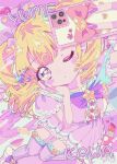  1girl absurdres blonde_hair bow character_name curly_hair dress highres holding holding_phone idol_land_pripara idol_time_pripara magical_girl milon_cas one_eye_closed pastel_colors phone pink_dress pink_thighhighs pop_(smile_precure!) pretty_(series) pripara purple_bow retro_artstyle selfie solo thigh-highs twintails violet_eyes yumekawa_yui 