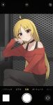 1girl absurdres ahoge arrow_(symbol) bare_shoulders black_choker black_pants blonde_hair bocchi_the_rock! choker circle closed_mouth commentary_request hand_on_own_face highres ijichi_seika lightning_bolt_symbol long_hair long_sleeves looking_at_viewer off_shoulder orange_eyes pants sitting solo yamamoto_no_yama 