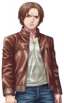  1boy arms_at_sides belt brown_eyes brown_hair brown_jacket buttons closed_mouth denim furrowed_brow fusaishi_haruaki jacket jeans kagelow long_sleeves looking_at_viewer male_focus official_art open_clothes open_jacket pants raging_loop short_hair solo tachi-e third-party_source transparent_background variant_set zipper zipper_pull_tab 