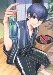  1boy ahoge blue_eyes blue_hair blue_kimono blue_lock bottle cowboy_shot cst food fruit grin hand_up holding holding_bottle isagi_yoichi japanese_clothes kimono looking_at_viewer male_focus one_eye_closed plate ramune short_hair sitting smile solo teeth watermelon watermelon_slice wide_sleeves 