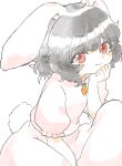  1girl animal_ears black_hair carrot_necklace dress flat_chest head_rest highres inaba_tewi jewelry looking_at_viewer medium_hair necklace pink_dress rabbit_ears rabbit_girl rabbit_tail red_eyes sanunu36 simple_background solo tail touhou white_background 