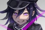  1boy black_hair black_headwear black_jacket black_neckerchief checkered_neckerchief danganronpa_(series) danganronpa_v3:_killing_harmony grey_background hat jacket looking_at_viewer male_focus multicolored_hair nanin neckerchief oma_kokichi peaked_cap purple_hair short_hair smile solo teeth violet_eyes white_neckerchief 