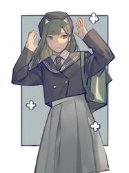 1girl animal_ears backpack bag beret black_headwear black_necktie black_serafuku border cat_ears cat_girl closed_mouth cowboy_shot green_background green_bag green_eyes grey_hair hands_up hat highres kofi-mo long_hair long_sleeves necktie original outside_border school_uniform serafuku shirt sketch skirt solo white_border white_shirt white_skirt