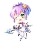  1girl ;d anchor azur_lane bare_shoulders black_footwear chibi crown dress full_body green_eyes gyaza hair_ornament holding holding_polearm holding_weapon javelin_(azur_lane) leg_up long_hair mini_crown neckerchief one_eye_closed polearm ponytail purple_hair red_neckerchief rigging sailor_dress sleeveless sleeveless_dress smile solo standing standing_on_one_leg thigh-highs weapon weapon_behind_back white_background white_dress white_thighhighs 