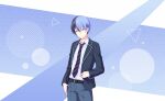  1boy adjusting_clothes aoyagi_touya belt black_belt blazer blue_hair blue_pants circle closed_mouth collar collared_shirt colorful_palette cowboy_shot dark_blue_hair diagonal-striped_necktie dot_nose grey_eyes highres jacket kamiyama_high_school_uniform_(project_sekai) lapels long_sleeves looking_at_viewer male_focus mole mole_under_eye multicolored_hair notched_lapels official_art open_clothes open_collar open_jacket pants project_sekai school_uniform shirt solo split-color_hair third-party_source triangle two-tone_hair white_collar 