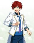  1boy adjusting_clothes amagi_hiiro aqua_eyes buttons clenched_hand cowboy_shot dot_nose earrings ensemble_stars! gradient_necktie happy_elements hoop_earrings jacket jewelry lapels long_sleeves looking_at_viewer male_focus necktie notched_lapels official_art open_clothes open_jacket open_mouth redhead short_hair sleeves_past_elbows solo split_mouth teeth third-party_source two-tone_necktie upper_teeth_only 