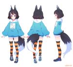  1girl absurdres animal_ears black_hair black_shorts black_thighhighs blue_hoodie fox_ears fox_girl fox_tail full_body highres hood hood_down hoodie long_sleeves orange_thighhighs puffy_long_sleeves puffy_sleeves sakmott shoes short_hair shorts sneakers standing striped striped_thighhighs tail thigh-highs vrchat 