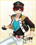  1boy amagi_hiiro aqua_eyes black_gloves clenched_hand cowboy_shot diamond_(shape) earrings ensemble_stars! fingerless_gloves fingernails gloves happy_elements hat high_collar hoop_earrings jacket jewelry long_sleeves looking_at_viewer male_focus official_art open_clothes open_jacket open_mouth pants redhead short_hair single_earring sleeves_past_elbows solo spade_(shape) teeth third-party_source upper_teeth_only v-neck white_pants 