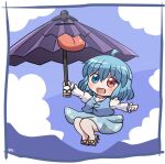  1girl ahoge blue_eyes blue_hair blue_skirt blue_sky blue_vest chibi clouds commentary_request full_body geta heterochromia holding holding_umbrella karakasa_obake long_sleeves looking_at_viewer outdoors purple_umbrella red_eyes rokugou_daisuke shirt short_hair skirt sky solo tatara_kogasa tongue touhou umbrella vest white_shirt 