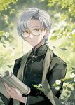  1boy :d chinese_clothes glasses grin hanfu highres long_sleeves looking_at_viewer male_focus nauxii outdoors parted_lips short_hair smile solo tears_of_themis teeth upper_body vyn_richter_(tears_of_themis) white_hair yellow_eyes 