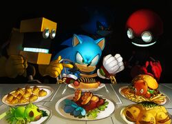  4boys absurdres artist_request black_background chain cubot glaring gloves green_eyes hedgehog highres humanoid_robot metal_sonic multiple_boys non-humanoid_robot orbot restrained robot sonic_(series) sonic_the_hedgehog white_gloves 