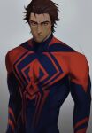  1boy absurdres animal_print blue_bodysuit bodysuit brown_hair dark-skinned_male dark_skin hair_slicked_back highres male_focus marvel miguel_o&#039;hara montaro muscular muscular_male pectorals print_bodysuit red_bodysuit red_eyes solo spider-man:_across_the_spider-verse spider-man_(series) spider_print thick_eyebrows tight_clothes two-tone_bodysuit 