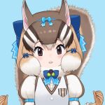  1girl animal_costume animal_ear_fluff animal_ears black_eyes bow bowtie brown_hair kemono_friends kemono_friends_v_project long_hair looking_at_viewer microphone multicolored_hair official_art open_mouth shirt siberian_chipmunk_(kemono_friends) simple_background smile solo tail virtual_youtuber white_hair yoshizaki_mine 