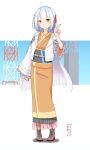  1girl boots h-ii(rocket) h-iia(rocket) highres jacket japanese_clothes kimono long_hair obi orange_kimono personification sash tamanoti v white_hair white_jacket wide_sleeves 