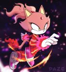  1girl absurdres blaze_the_cat burning_blaze cat_girl cat_tail fire forehead_jewel furry furry_female gloves highres pink_fur ponytail red_track_suit shoes sneakers sonic_(series) sportswear tail track_suit white_gloves xdaze yellow_eyes 