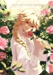  1boy absurdres aether_(genshin_impact) androgynous blonde_hair braid closed_mouth collared_shirt flower genshin_impact hanapen highres holding holding_flower long_sleeves looking_at_viewer male_focus pink_flower pink_rose red_flower red_rose rose shirt smile solo twitter_username white_shirt yellow_eyes 