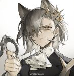  1girl akechi_(826988799) animal_ears arknights artist_name ascot brown_hair closed_mouth cuffs earrings extra_ears gradient_background grey_background hair_over_one_eye handcuffs highres holding holding_handcuffs jewelry looking_at_viewer mole_above_eye penance_(arknights) short_hair simple_background solo upper_body v-shaped_eyebrows weibo_username white_ascot white_background wolf_ears 