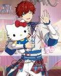  1boy :d amagi_hiiro aqua_eyes belt blue_ribbon bow cherished_cutie_(ensemble_stars!) couch cowboy_shot curtains ensemble_stars! facial_mark happy_elements hello_kitty_(character) kuromi looking_at_viewer male_focus neck_ribbon official_art one_eye_closed open_mouth outstretched_hand picture_frame pillow red_bow redhead ribbon sanrio short_hair smile solo stuffed_toy table third-party_source whisker_markings window 