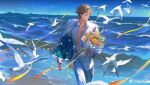  1boy abs absurdres animal_ears ansels5062 aqua_eyes arknights beach bird black_footwear blonde_hair blue_sky bouquet cropped_legs day dog_boy dog_ears dog_tail ear_piercing eyewear_on_head floating_clothes floating_hair flower formal highres holding holding_bouquet jacket jewelry looking_to_the_side male_focus multiple_rings necklace ocean one_eye_closed open_clothes open_shirt outdoors pants piercing ribbon ring running seagull shirt sky solo suit sunglasses tail tequila_(arknights) tinted_eyewear watermark white_flower white_jacket white_pants white_shirt yellow_flower yellow_ribbon 