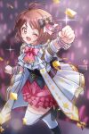  1girl 81_(mellowry) ;d antenna_hair blurry blurry_background blush boots bow bowtie brown_hair clenched_hands foreshortening glowstick hidaka_ai highres idol idolmaster idolmaster_dearly_stars knee_boots looking_at_viewer one_eye_closed pink_bow pink_bowtie pink_skirt short_hair skirt smile solo standing standing_on_one_leg thigh-highs white_thighhighs wrist_cuffs 