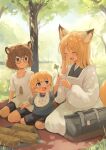  1boy 2girls animal_ear_fluff animal_ears bag batta_(kanzume_quality) bib bike_shorts black_shorts blonde_hair blue_shirt brown_hair child closed_eyes clover dress four-leaf_clover fox_ears fox_girl fox_tail glasses hand_to_own_mouth kitsune_no_oyome-chan long_hair male_child multiple_girls open_mouth outdoors raccoon_ears raccoon_girl shirt short_hair shorts sitting smile tail tree white_dress white_shirt 