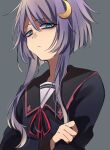  1girl black_sailor_collar blue_eyes closed_mouth crescent crescent_hair_ornament crossed_arms grey_background hair_between_eyes hair_ornament highres kantai_collection long_sleeves looking_at_viewer purple_hair sailor_collar school_uniform serafuku short_hair_with_long_locks simple_background solo sumoffu upper_body yayoi_(kancolle) 