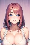  1girl ai-generated blue_eyes blush breasts brown_hair highres large_breasts light_smile looking_at_viewer non-web_source pink_background shirt short_hair smile solo white_shirt 
