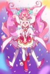  2girls :d animal_ears blue_bow boots bow brooch bubble_skirt capelet closed_mouth commentary cone_hair_bun cure_precious cure_precious_(party_up_style) delicious_party_precure double_bun earrings floating fox_ears fox_girl fox_tail hair_bow hair_bun head_wreath heart heart_brooch highres hug hug_from_behind jewelry knee_boots kome-kome_(precure)_(human) long_hair looking_at_another looking_up magical_girl monster_rally multiple_girls nagomi_yui off-shoulder_shirt off_shoulder open_mouth own_hands_together petals pink_eyes pink_hair precure red_capelet red_footwear red_skirt shirt skirt smile tail thigh-highs twintails two_side_up very_long_hair violet_eyes watch watch white_thighhighs wristband 