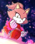 1girl absurdres blaze_the_cat burning_blaze cat_girl cat_tail clenched_hands crop_top fire forehead_jewel furry furry_female highres open_mouth pink_fur ponytail red_track_suit sonic_(series) sportswear tail xdaze yellow_eyes 
